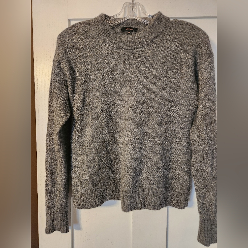Quince Baby Alpaca-Wool Diamond Stitch Crew sweater, charcoal gray, size Medium